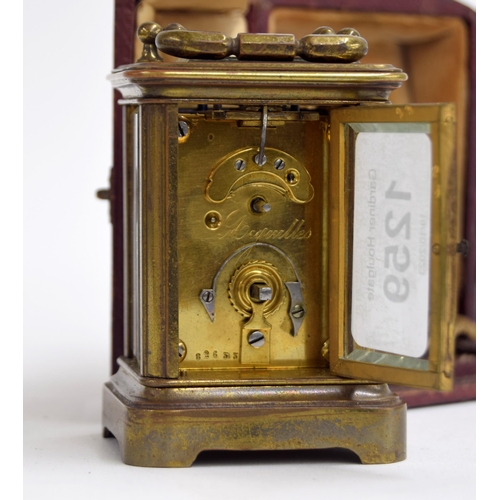 1259 - French miniature carriage clock timepiece, stamped H.A. Brevet S.G.D. beneath the base, within a cor... 