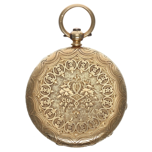 772 - Attractive Stauffer 18ct cylinder engraved pocket watch, signed gilt frosted bar movement, engraved ... 