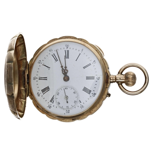 797 - 14k and enamel hunter fob watch, cylinder movement, 10 jewels, inscribed cuvette, no. 41862, the dia... 