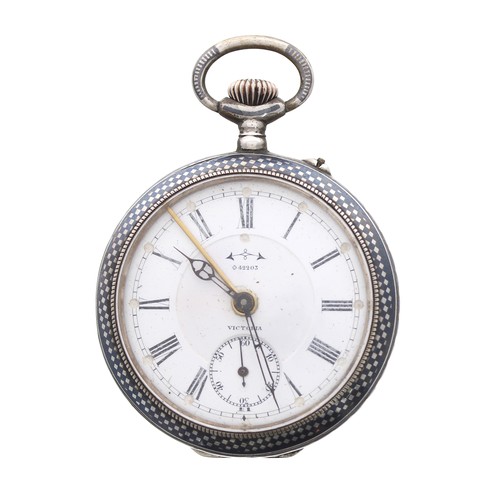 683 - Swiss Patent Niello white metal (.800) alarm pocket watch, Patent no. 42203, the dial signed 'Victor... 