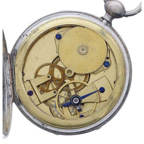 684 - Unusual 19th century Swiss white metal cylinder pocket watch, unsigned gilt movement with an unusual... 