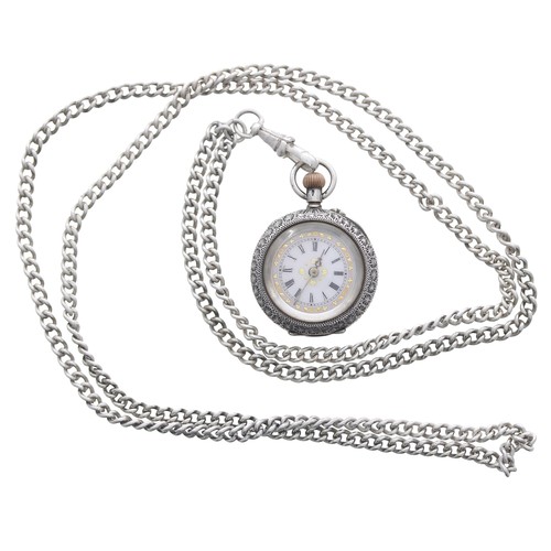 703 - Attractive silver (0.935) cylinder engraved fob watch, 30mm; together with a white metal guard chain... 