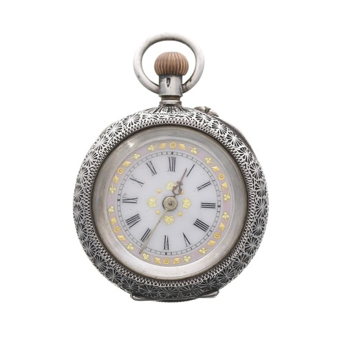 703 - Attractive silver (0.935) cylinder engraved fob watch, 30mm; together with a white metal guard chain... 