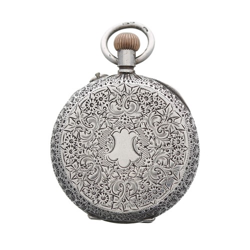 703 - Attractive silver (0.935) cylinder engraved fob watch, 30mm; together with a white metal guard chain... 