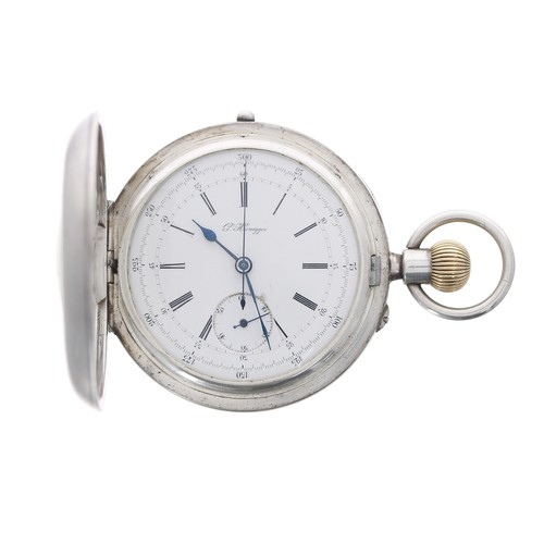 718 - Silver chronograph half-hunter lever pocket watch, London 1938, the movement and dial signed G.Honeg... 