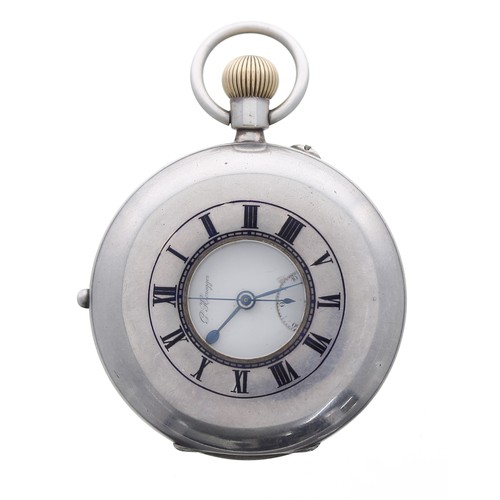 718 - Silver chronograph half-hunter lever pocket watch, London 1938, the movement and dial signed G.Honeg... 