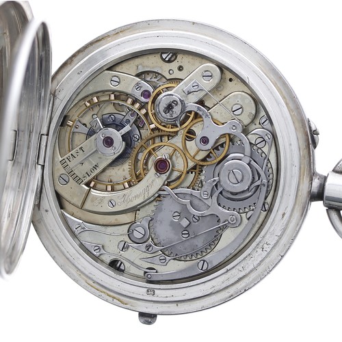 718 - Silver chronograph half-hunter lever pocket watch, London 1938, the movement and dial signed G.Honeg... 