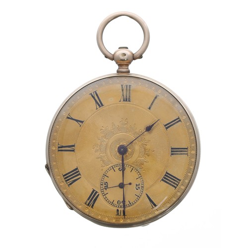 719 - Swiss 14ct lever engraved pocket watch, unsigned three-quarter plate movement, base metal cuvette, e... 