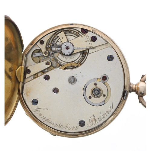 719 - Swiss 14ct lever engraved pocket watch, unsigned three-quarter plate movement, base metal cuvette, e... 