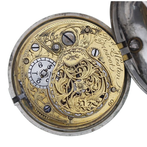 779 - George III silver verge pair cased pocket watch, London 1764, the movement signed R'd Heston, Presco... 