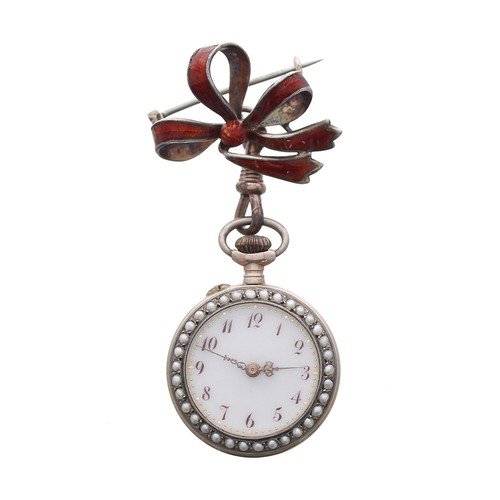 777 - Attractive Swiss silver gilt (0.935) enamel and seed pearl cylinder fob watch, gilt bar movement, en... 