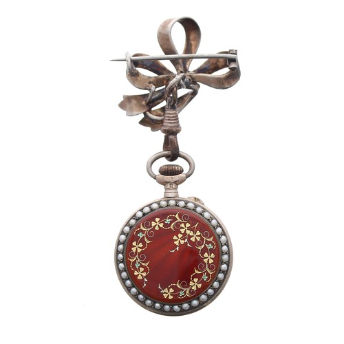 777 - Attractive Swiss silver gilt (0.935) enamel and seed pearl cylinder fob watch, gilt bar movement, en... 