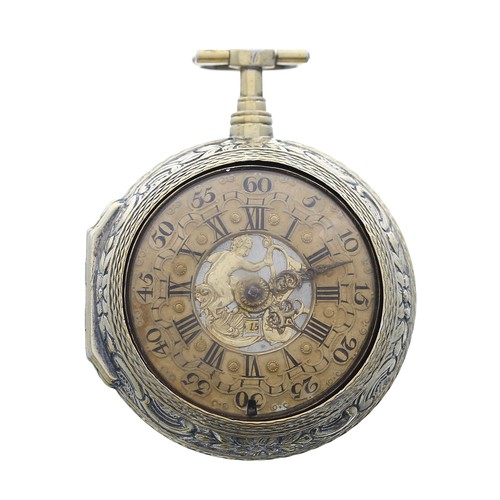 795 - Good English 18th century silver-gilt repoussé pair cased verge pocket watch, London 1769, the fusee... 