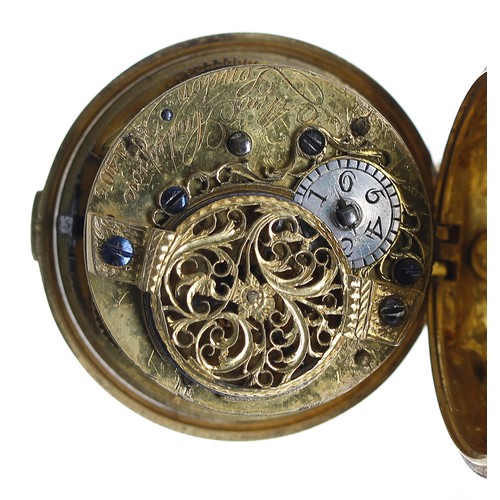 795 - Good English 18th century silver-gilt repoussé pair cased verge pocket watch, London 1769, the fusee... 