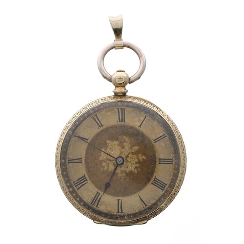 806 - Attractive 18ct cylinder engraved fob watch, gilt bar movement, 18ct hinged cuvette, gilt dial with ... 