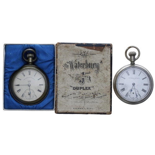 967 - Waterbury Series J nickel cased duplex pocket watch for repair, 53mm; with box; together with a Wate... 