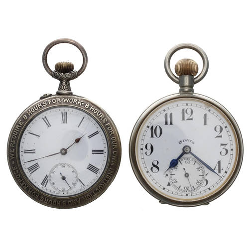 975 - 'The Workers' Movement Eight Hour Watch' lever pocket watch for repair, the case bezels inscribed wi... 