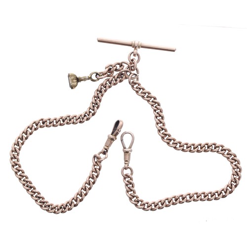 865 - Good 9ct curb link double watch Albert chain, with end clasps and T-bar, each link hallmarked, with ... 