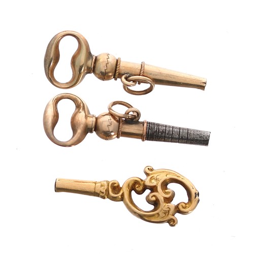 879 - Three assorted Victorian gold mounted pocket watch keys, including two similar ratchet examples, 4.1... 