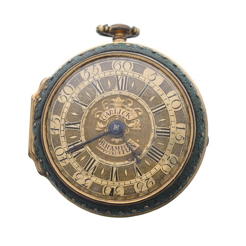 834 - Good English 18th century gilt metal and shagreen verge pocket watch, the fusee movement signed Theo... 