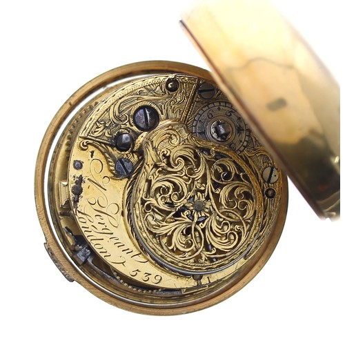 844 - English 18th century gilt-metal verge pair cased pocket watch, the fusee movement signed N. Sergeant... 