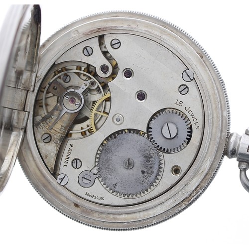 850 - Swiss silver lever half hunter pocket watch, Birmingham 1925, 15 jewel 2 adjust. movement, hinged cu... 