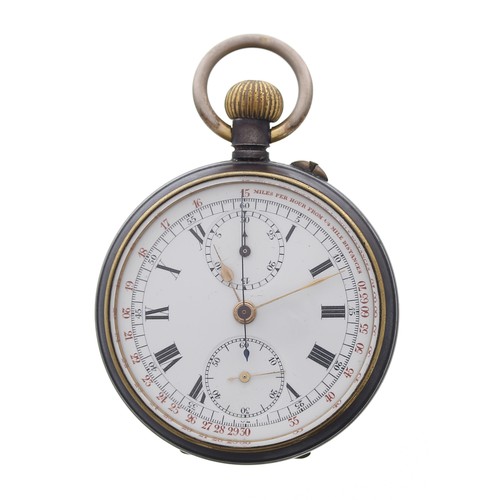 851 - Swiss gunmetal chronograph lever pocket watch, frosted movement with compensated balance and regulat... 