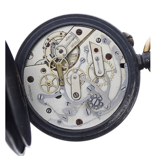 851 - Swiss gunmetal chronograph lever pocket watch, frosted movement with compensated balance and regulat... 