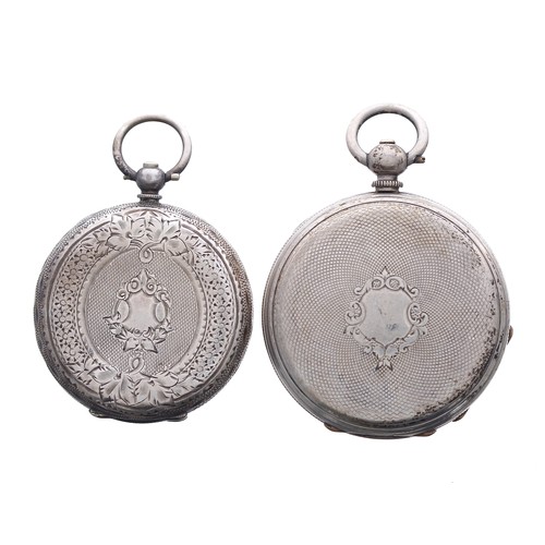 957 - Small silver cylinder engine turned pocket watch, 42mm; together with a silver (0.935) cylinder engr... 