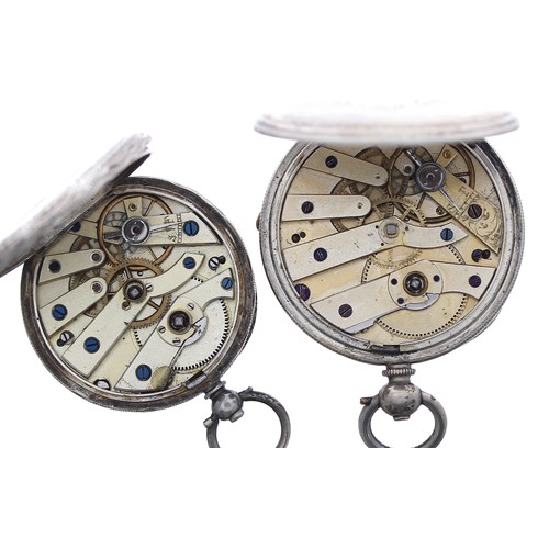 957 - Small silver cylinder engine turned pocket watch, 42mm; together with a silver (0.935) cylinder engr... 