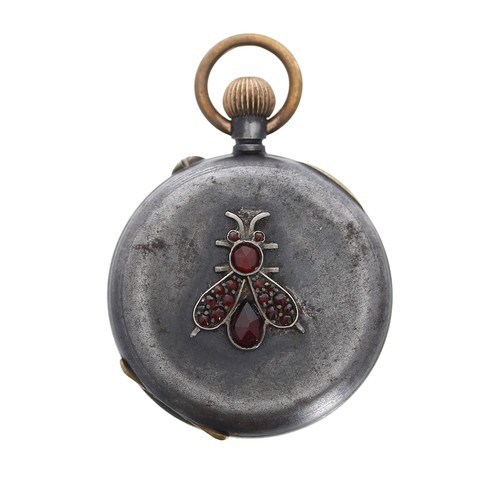 953 - Attractive garnet set cylinder fob watch, the case back depicting a garnet set bug, Roman numeral di... 