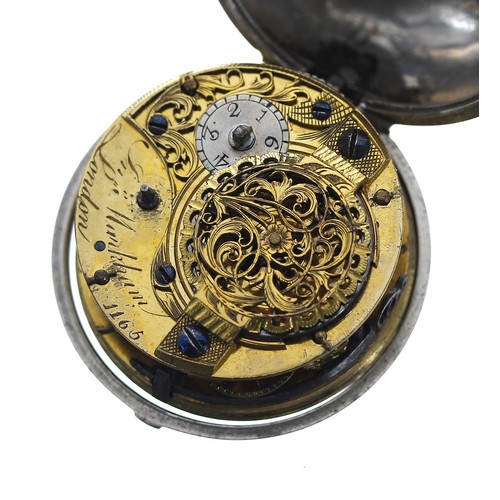 776 - Mid-18th century English silver pair cased verge pocket watch, London 1753, the fusee movement signe... 