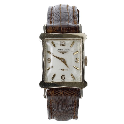 104 - Longines 10k gold filled rectangular gentleman's wristwatch, reference no. 5386, case no. 39xx, circ... 