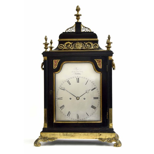 Good English ebonised double fusee bracket clock, the silvered dial signed Payne, 163 New Bond St, London above twelve o'clock, the movement striking the hours and quarters on two bells and with locking pendulum, the case supported upon scrolling foliate feet, with canted corners and surmounted by a caddy top with five turned brass finials, 24.5" high (pendulum and door key)