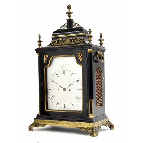 1532 - Good English ebonised double fusee bracket clock, the silvered dial signed Payne, 163 New Bond St, L... 