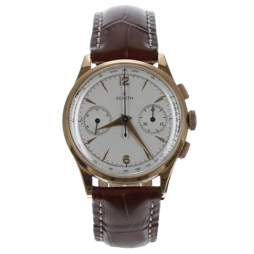 129 - Zenith 18ct Chronograph gentleman's wristwatch, case no. 4148520xxx, silvered dial with gilt Arabic ... 