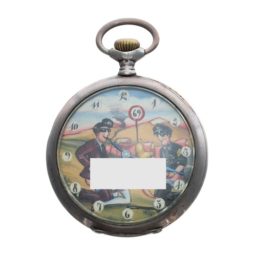 914 - Novelty silver (0.800) erotic automaton pocket watch, lever movement no. 1234722, inscribed hinged c... 