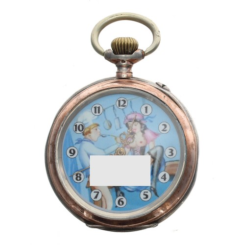 915 - Silver (0.800) erotic pocket watch, cylinder movement no. 742052, inscribed metal hinged cuvette, th... 