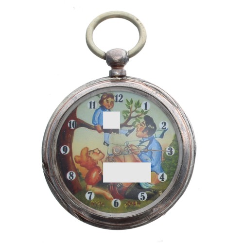 916 - Silver (0.800) erotic pocket watch, cylinder movement, inscribed metal hinged cuvette, the printed p... 