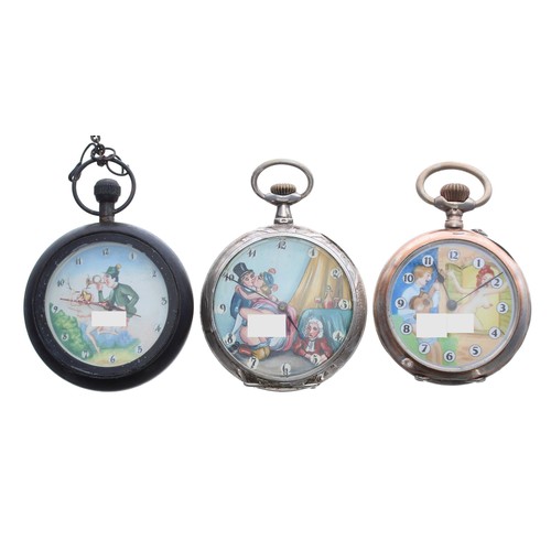 917 - Silver (0.800) erotic automaton lever pocket watch in need of repair, 49mm; together with a silver (... 