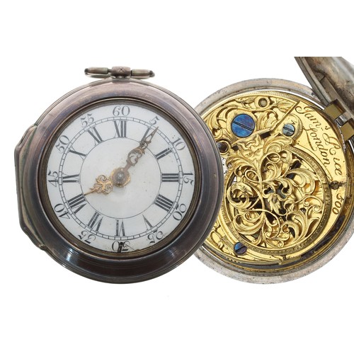 662 - English 18th century silver pair cased verge pocket watch, London 1750, the fusee movement signed Ja... 