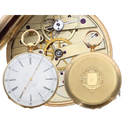 666 - Attractive Swiss 18ct cylinder pocket watch,  gilt frosted bar movement with gilt three arm balance ... 