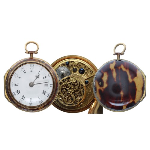 715 - English 18th century gilt metal and tortoiseshell verge pair cased pocket watch, the fusee movement ... 