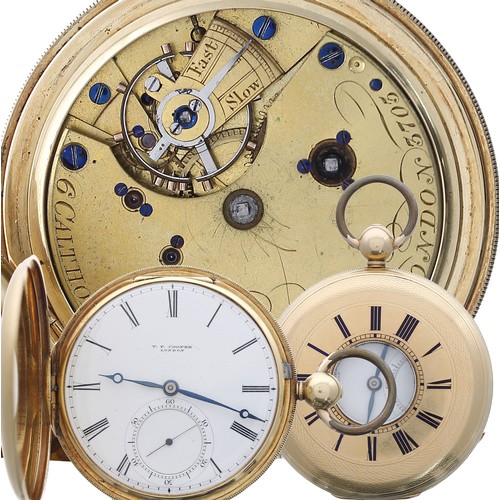 717 - Duplex 18ct half hunter pocket watch, the three-quarter plate movement signed T.F Cooper, 9 Calthorp... 