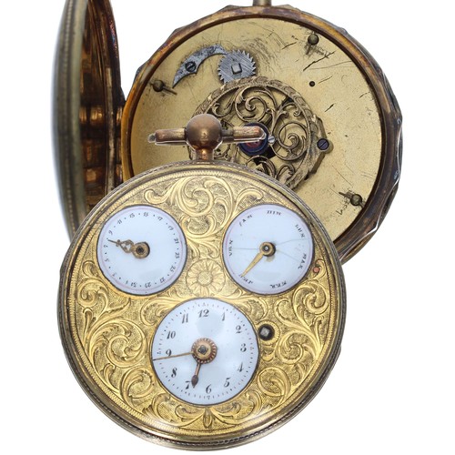 755 - French gilt metal calendar verge pocket watch, unsigned gilt movement with pierced balance bridge, t... 