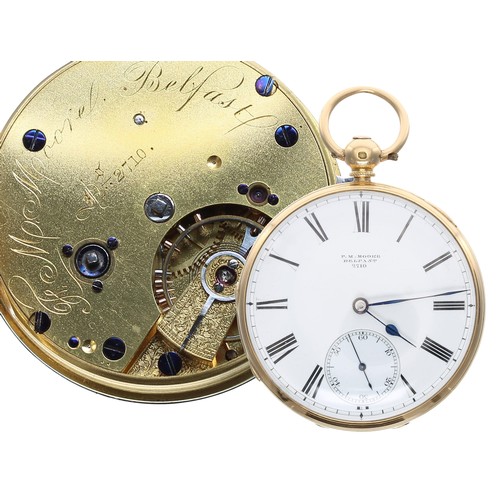 775 - Victorian 18ct lever pocket watch, London 1874, the gilt frosted fusee movement signed F. M. Moore, ... 