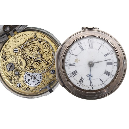 779 - George III silver verge pair cased pocket watch, London 1764, the movement signed R'd Heston, Presco... 