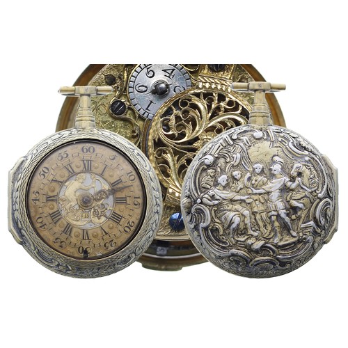 795 - Good English 18th century silver-gilt repoussé pair cased verge pocket watch, London 1769, the fusee... 