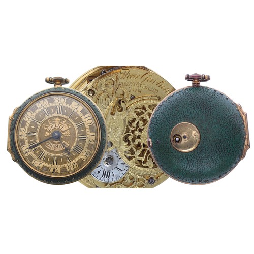 834 - Good English 18th century gilt metal and shagreen verge pocket watch, the fusee movement signed Theo... 