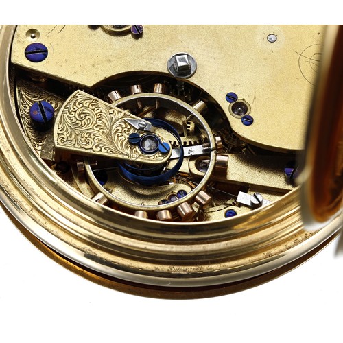 679 - Victorian 18ct hunter pocket chronometer, London 1864, the gilt frosted three quarter plate fusee le... 